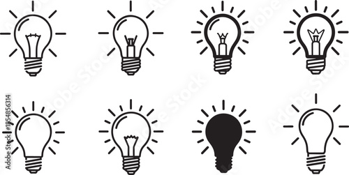 Light bulb icon set including energy glowing and filament concepts