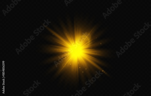 Bright golden light, lens flare with soft sunlight and bokeh. Digital overlay for photos and videos. Abstract optical element on a dark background.