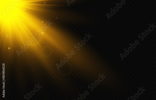 Bright golden sunbeam in the upper left corner on a transparent dark background - glow effect, lens flare and soft rays with particles for holiday, advertising and space banner designs