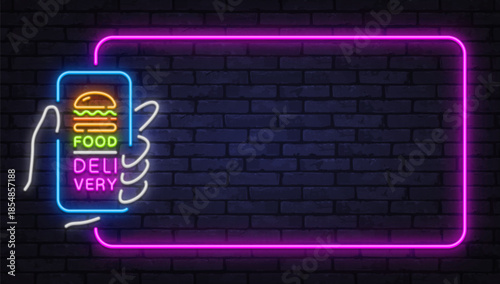 Vibrant neon vector frame with smartphone and burger icon, symbolizing fast food delivery. Perfect for restaurant menus, takeaway ads, and modern food service promotions.