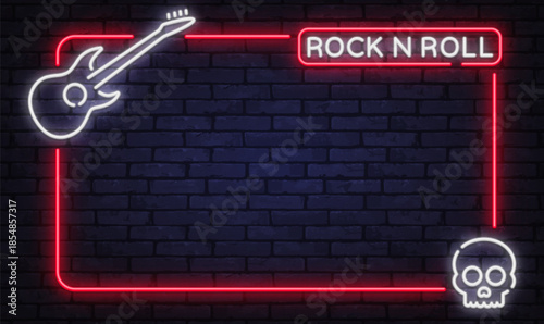 Bold neon vector frame with electric guitar and skull elements. Designed for rock concerts, music posters, and club promotions.