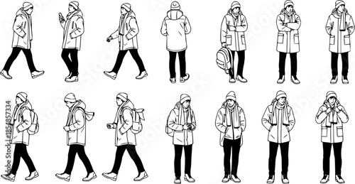 A comprehensive collection of black silhouettes featuring a young man in casual winter attire, captured in various walking and standing poses.