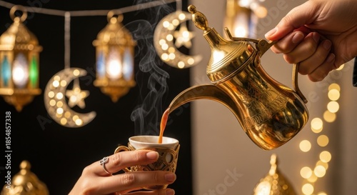 A hand pouring traditional Arabic coffee from a golden dallah into an ornate cup, with festive Ramadan lanterns and crescent moon lights in the background.