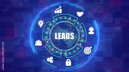 Strategic Lead Generation and Business Prospecting Concept with Digital Customer Acquisition Icons and Global Networking HUD - 4K