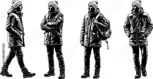 A comprehensive collection of black silhouettes featuring a young man in casual winter attire, captured in various walking and standing poses.