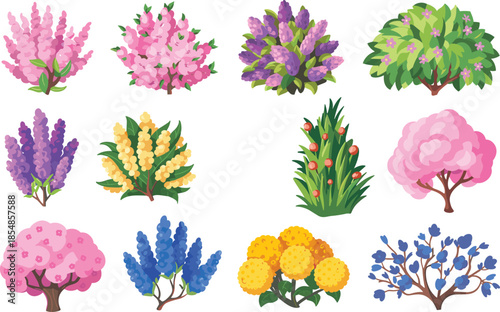 Cartoon flowering plants and shrubs vector set, colorful blossoms, pink purple yellow blue flowers, stylized foliage, spring botanical clipart, decorative garden illustration