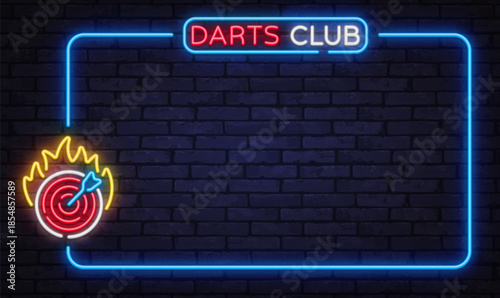 Bright neon vector frame with dartboard and arrow symbol. Perfect for pub interiors, tournament announcements, and game club advertising.