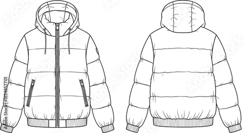 Hooded Puffer Jacket Vector Flat Sketch Illustration Men Women Winter Down Coat Technical Drawing Template for Fashion Design and Mockup