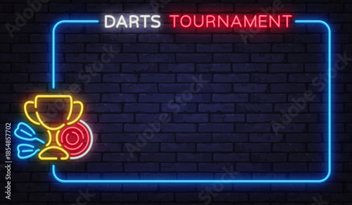 Glowing neon vector frame with trophy and dartboard icon. Created for competition posters, sports events, and championship promotions.
