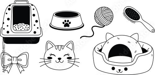 Hand Drawn Vector Set of Cute Cat Care Accessories and Kitten Face Illustrations in Minimalist Black and White Doodle Style