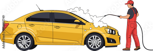 Professional male worker in red overalls cleaning a modern yellow sedan with high pressure water spray isolated on white background