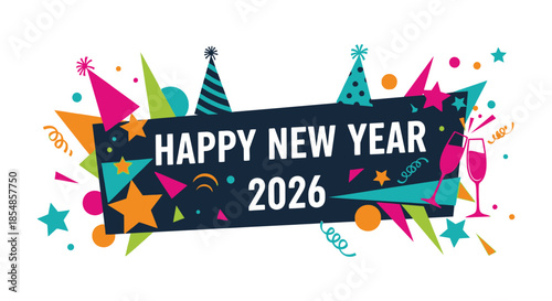 Festive new year celebration with colorful confetti party hats and a celebratory glass