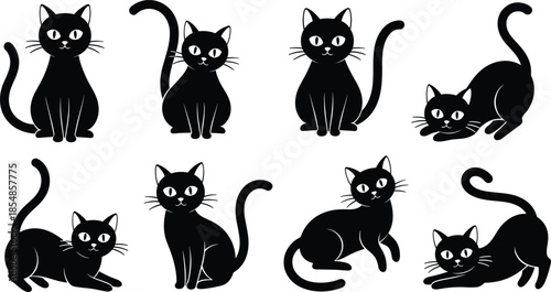 Set of eight black cat silhouettes in various poses including sitting and stretching isolated on white background for Halloween vector design