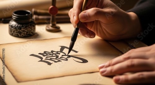 A person's hands meticulously writing traditional Chinese calligraphy with a brush and ink on aged parchment paper.