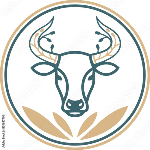 Stylized Bull Head with Ornate Leafy Horns Design.