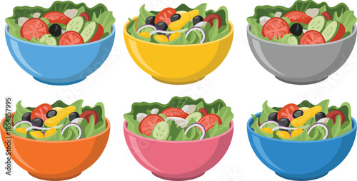 Cartoon salad bowl illustration set, colorful serving dishes with fresh vegetables, healthy food icons, vector collection, white background