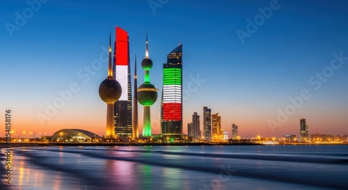 Kuwait City skyline at twilight with illuminated skyscrapers displaying the national flag colors reflected on the calm water.
