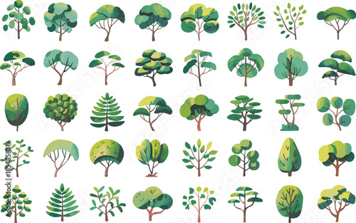 Cartoon trees vector set, 40 stylized foliage designs, seasonal plants, decorative garden elements, landscape illustration assets, botanical clipart for eco-friendly design