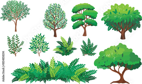 Cartoon trees and shrubs vector set, leafy plants, green foliage, stylized garden elements, spring botanical clipart, decorative landscape illustration, nature design assets