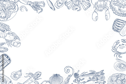 Seafood border frame with hand drawn marine food sketches in blue ink