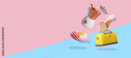 Bread slice and toaster, blender with smoothies splashes, bacon and eggs 3D vector banner, home kitchen appliances