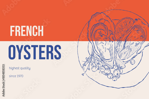 French oysters vintage seafood poster with hand drawn shellfish
