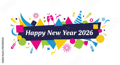 A colorful new year 2026 celebration banner with confetti party elements and festive decorations