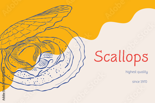 Scallops seafood illustration poster with bold vintage color background