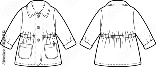Children’s coat technical drawing, front and back fashion flats, black and white garment sketch, vector graphic, apparel design element, pattern clipart