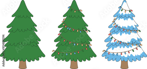 Christmas tree illustration set, decorated and snowy styles, festive holiday vector, seasonal cartoon design, winter celebration, colorful lights, pine trees
