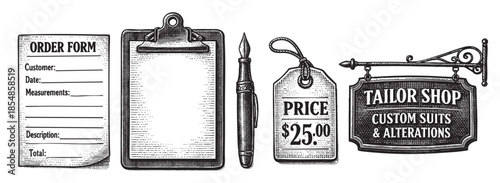 Vintage illustration of tailor shop elements including order form, clipboard, pen, price tag, and hanging sign, rendered in a classic engraving style.