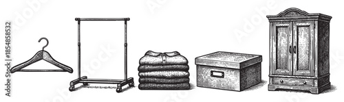A collection of vintage style illustration objects for clothing storage, including a hanger, rolling rack, folded shirts, a storage box, and a wardrobe against a white background.