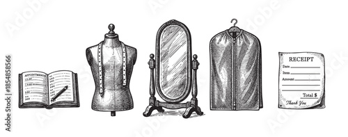 This vintage illustration depicts items from a tailor shop, including a dress form with a measuring tape, a full-length mirror, a garment bag, an appointment book, and a receipt, rendered in a classic