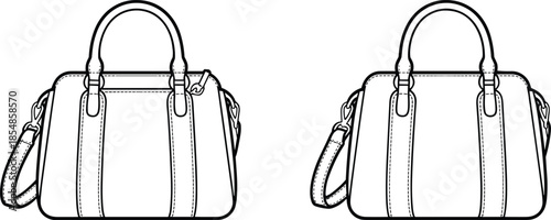 Handbag vector set with two structured silhouettes, dual handles, shoulder straps, stitching detail, and hardware accents for fashion sketch and accessory design