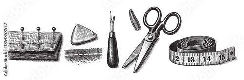 A collection of vintage-style illustrations of sewing tools, including pins, thimble, seam ripper, scissors, and measuring tape, perfect for crafting and textile themes.
