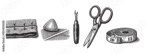 A detailed sketch of sewing tools including pins, thimble, seam ripper, scissors, and measuring tape, presented in a vintage engraving style on a clean white background.