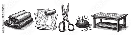 A vintage illustration depicts various sewing tools including rolled fabric, pattern sheets, scissors, a pincushion with pins, and a table.