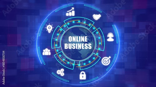 Digital Online Business Concept with Futuristic HUD Interface and Global E-commerce Networking Icons on Virtual Technology Background - 4K