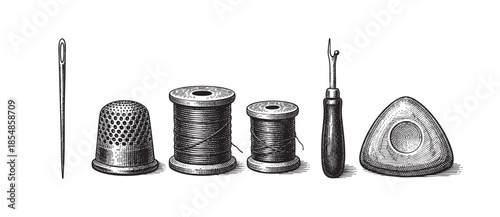 A detailed vintage illustration showcasing a collection of sewing tools including a needle, thimble, thread spools, seam ripper, and chalk in a classic engraving style against a white background.
