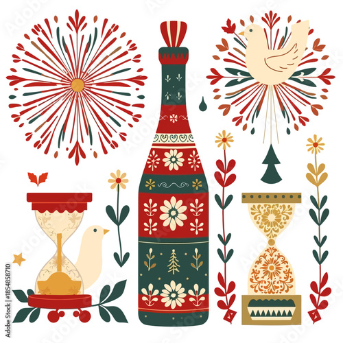 Christmas Holiday Pattern with Wine Bottle and Hourglass