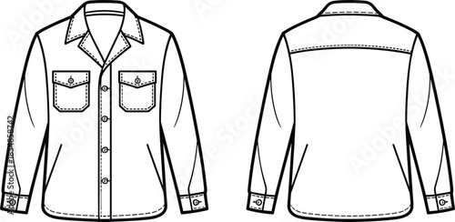 Long-sleeve shirt vector set with front and back fashion sketch, flap pockets, pointed collar, button placket, and seam details for garment design