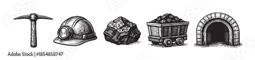 A vintage line art illustration displays essential mining elements including a pickaxe, helmet with lamp, lump of coal, coal cart, and mine entrance.