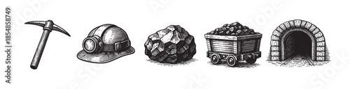 A vintage line art illustration depicts mining essentials including a pickaxe, helmet, coal, a mine cart, and a tunnel entrance, evoking industry and history.