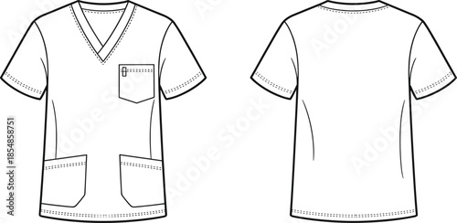 Medical scrub top vector set, front and back technical sketch with V-neck, chest and lower pockets, short sleeves, garment design illustration