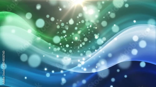 Vibrant blue and green abstract wave pattern with sparkling light effects