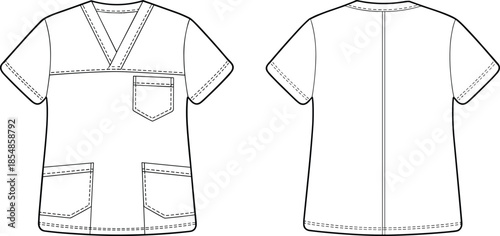 Medical scrub top vector set, front and back technical sketch with V-neckline, patch pockets, center seam, short sleeves, garment design illustration