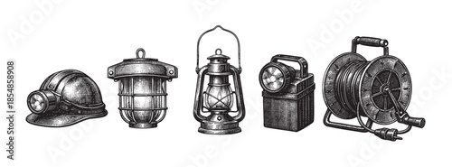 A set of vintage illustrations depicts mining equipment including a hard hat, lantern, and cable reel, rendered in a detailed, engraved style on a white background.