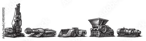 A vintage engraved illustration showcases a collection of five heavy industrial machines, including a drill, a mining vehicle, a loader, a crusher, and an engine, depicted in black ink on a white back