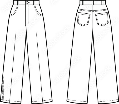 Pants technical vector set, front and back fashion sketch with waistband, belt loops, pockets, seam lines, tailored garment design illustration