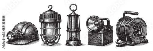 A detailed black and white illustration of vintage mining equipment, including a helmet, lamp, lantern, flashlight, and cable reel, presented against a white background.